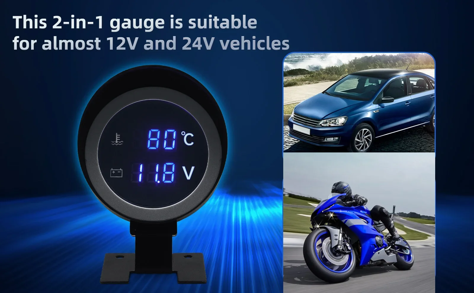 2 in 1 runde LED digitale Wassertemperaturanzeige Voltmeter Volt Spannungsmesser Temperatura Moto für 12V24V Auto LKW Temperatursensor – Detail 12