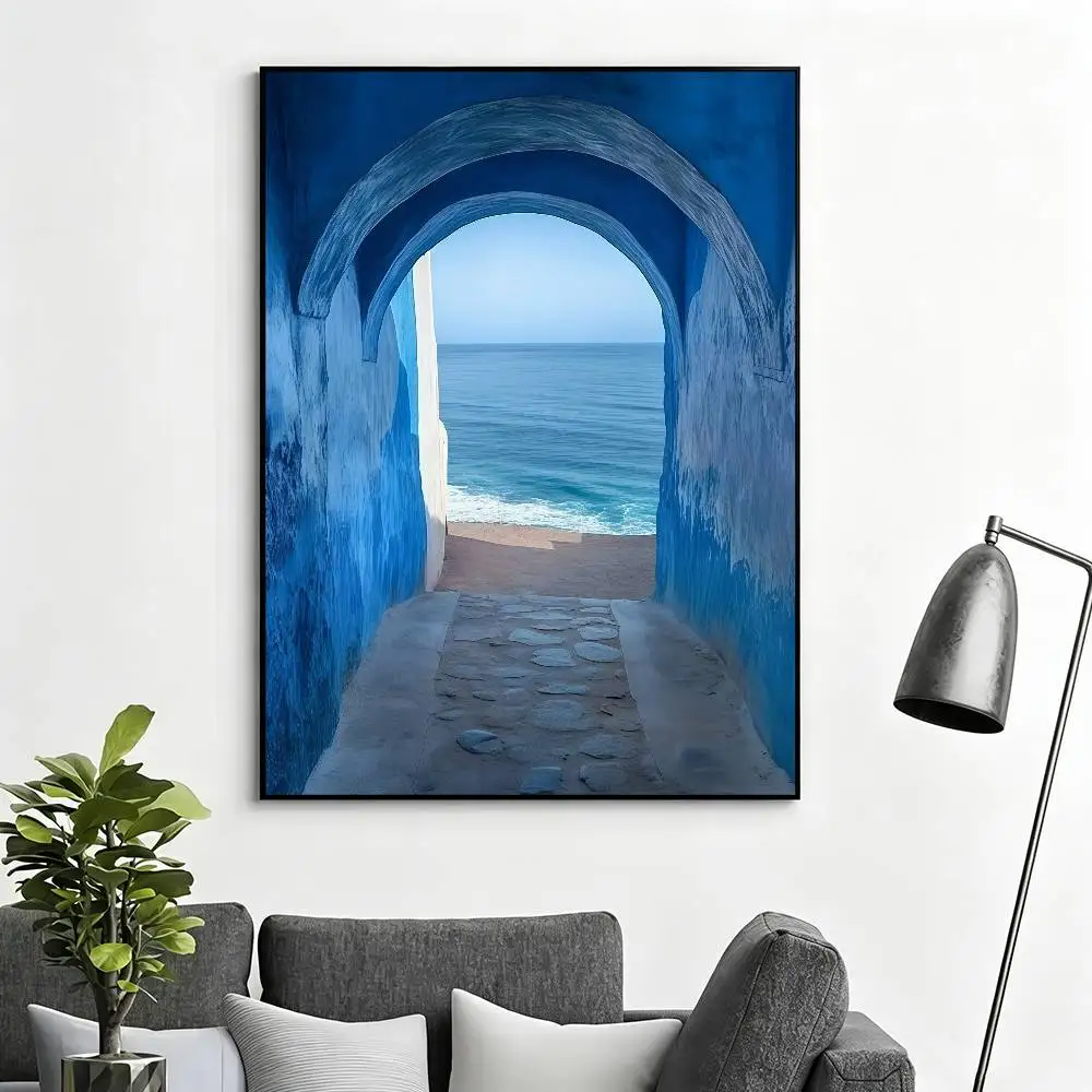 Blue Arch Ocean View Poster Self-Adhesive Art Waterproof Paper Sticker Coffee House Bar Room Wall Decor
