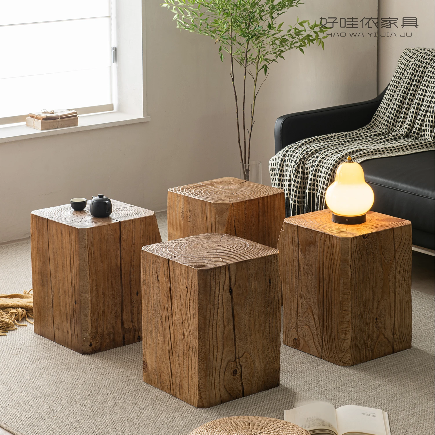 

Log Pier, Coffee Table, Solid Wood Edge Table, Living Room, Wabi-**** Wind Root Carving Ornament Base, Flower Stand, Square Seat
