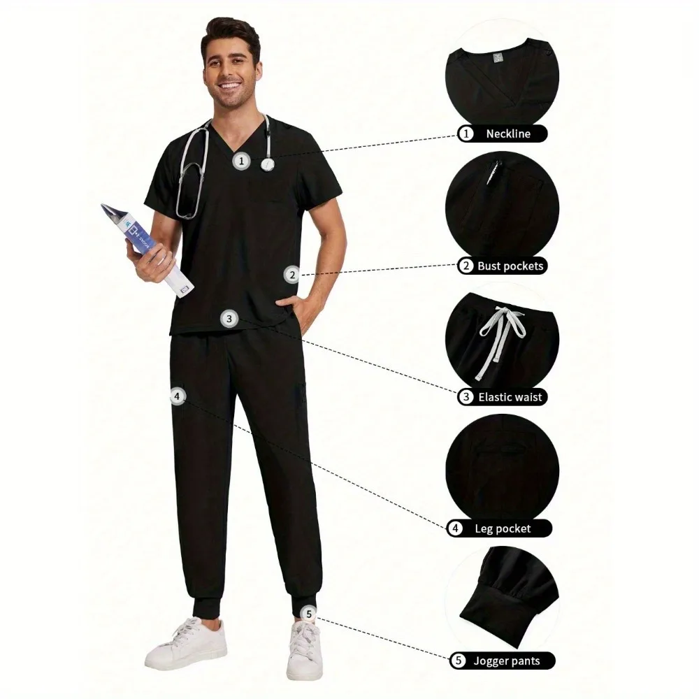 

New Multicolor Two Pcs Set Men's Scrub Suit Nurse Uniform V Neck Short Sleeve Scrub Top Jogging Pants Work Clothes
