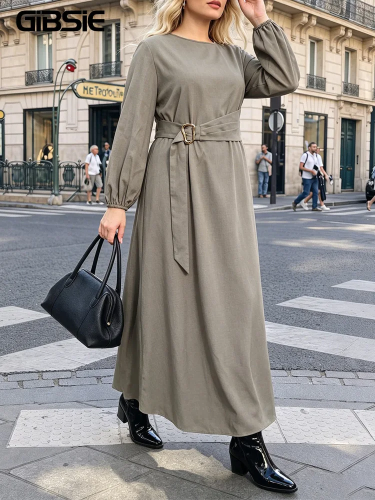 GIBSIE Plus Size O-Neck Long Sleeve Belted Dress Women 2026 Autumn Solid Color Elegant Street Office Female Big Swing Long Dress