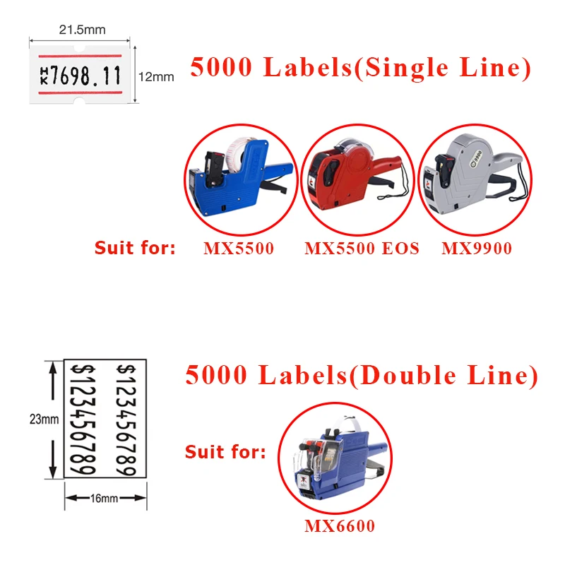 5000 Price Label Tag for MX5500/MX6600/MX9900 MOTEX MX-5500 EOS Single Line Double Row Guns Refill Ink Retail Store Supermarket