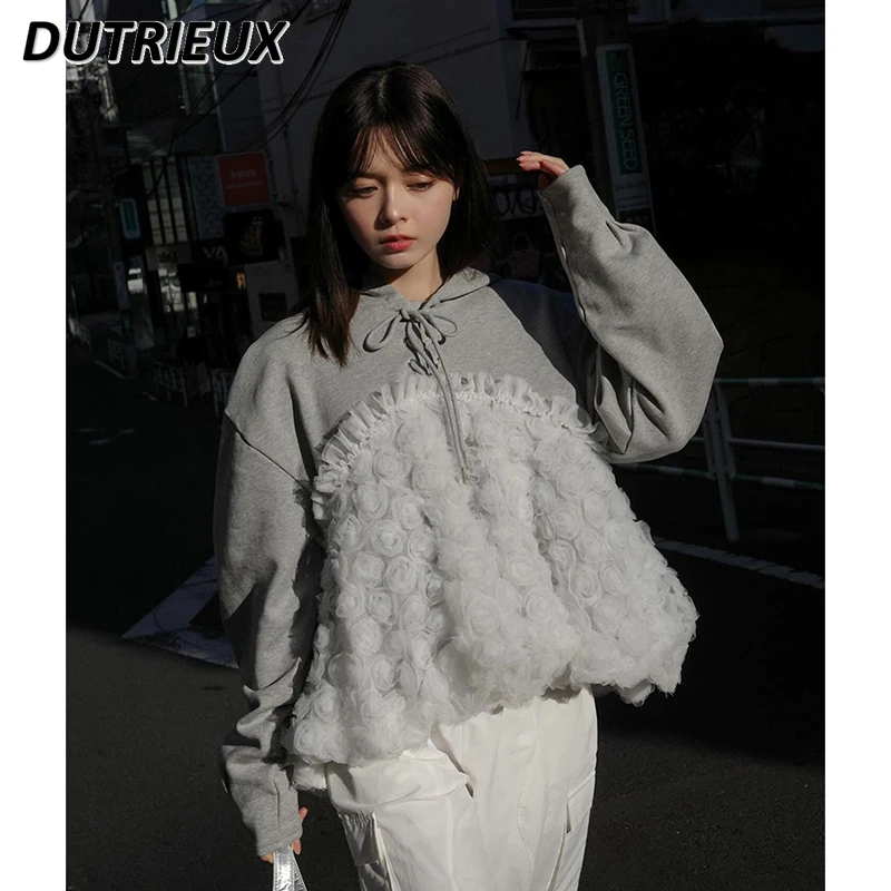 Japanese Flowers Mesh Splicing Hooded Sweatshirt Spring and Autumn New Loose Sweet Gray Pure Cotton Women's Hoodies Pullover