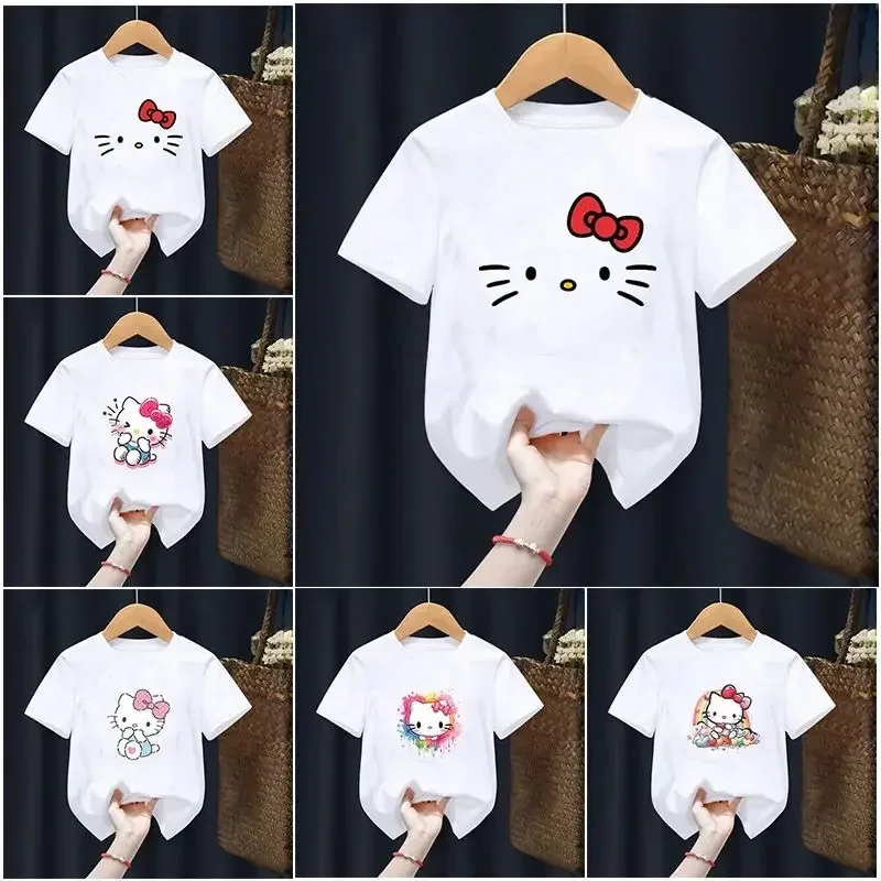 Anime Cute Hello Kitty Printed Kid T-Shirt Summer Short Sleeved Cartoon Children T Shirt Casual Top Girl Boy Clothing Baby Tee