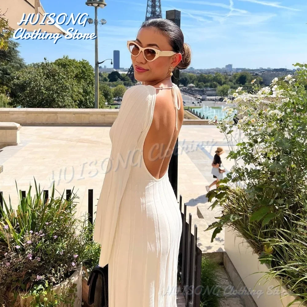 

White Backless Knitted Maxi Dress for Women Elegant Flare Long Sleeve Bodycon Party Dresses Lady Holidays Club Evening Outfits