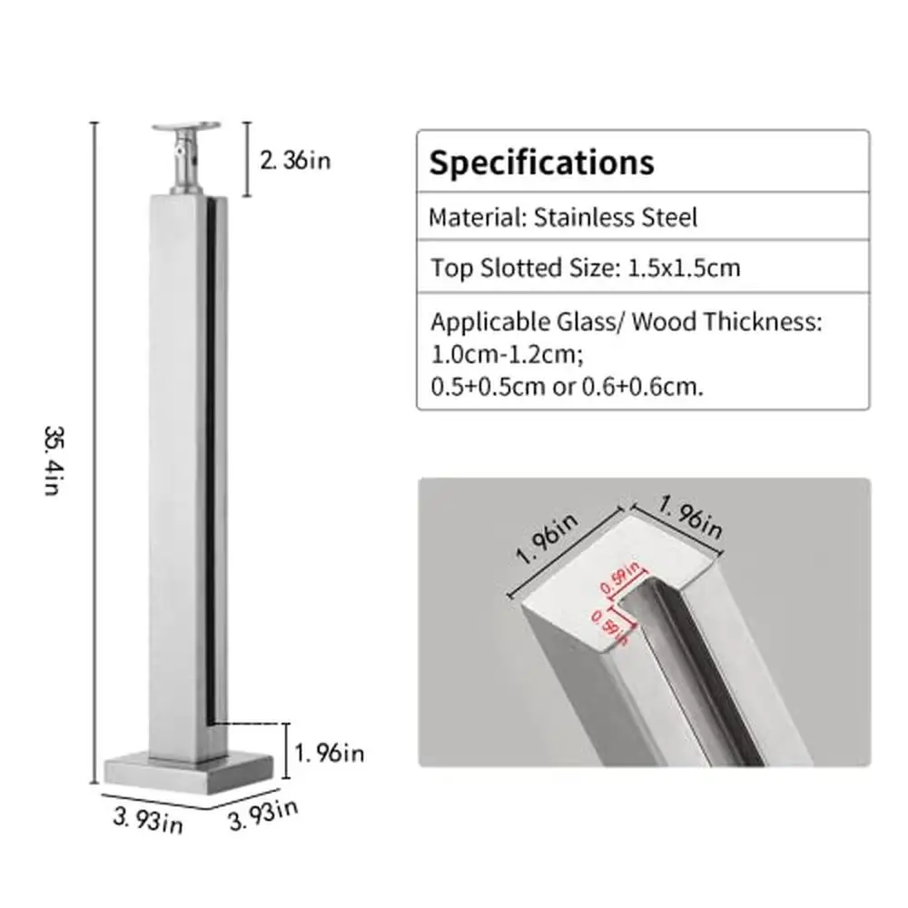 Poste de balaustrada de vidro de aço inoxidável 35,4 "com slots de torneira e base robusta vilas tamanho diy fácil instalação uso interno/externo