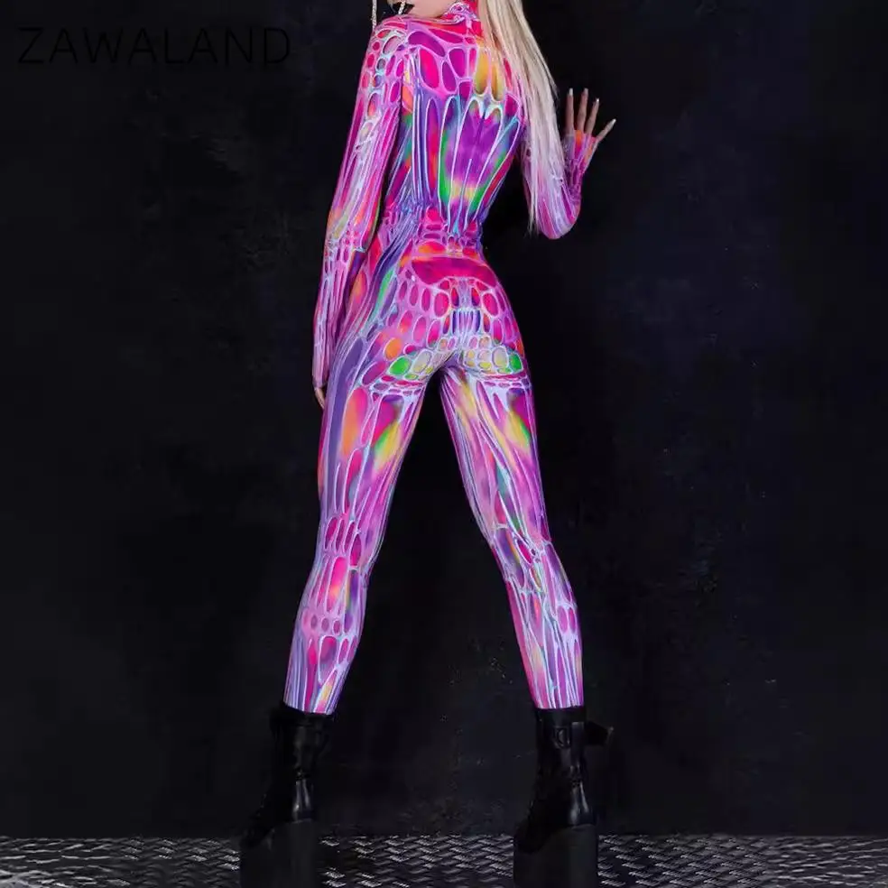 Zawaland Summer Autumn Women 2024 Fashion Long Sleeve Zenzai Bodysuit Streetwear Floral 3D Skeleton Print Jumpsuit Sexy Catsuit