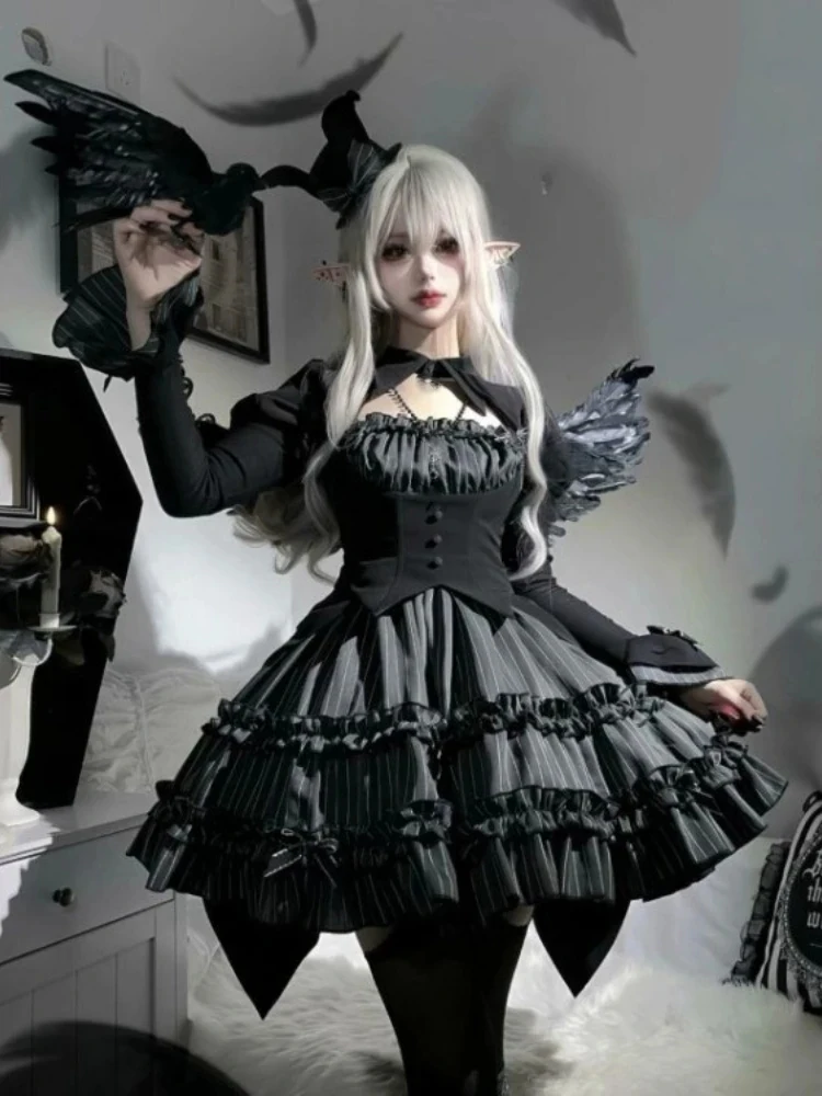 

Темные женские топы из двух предметов в полоску с вырезами в стиле Лолиты + эстетические юбки-тортики с высокой талией Y2k, новый женский костюм 2025 г.