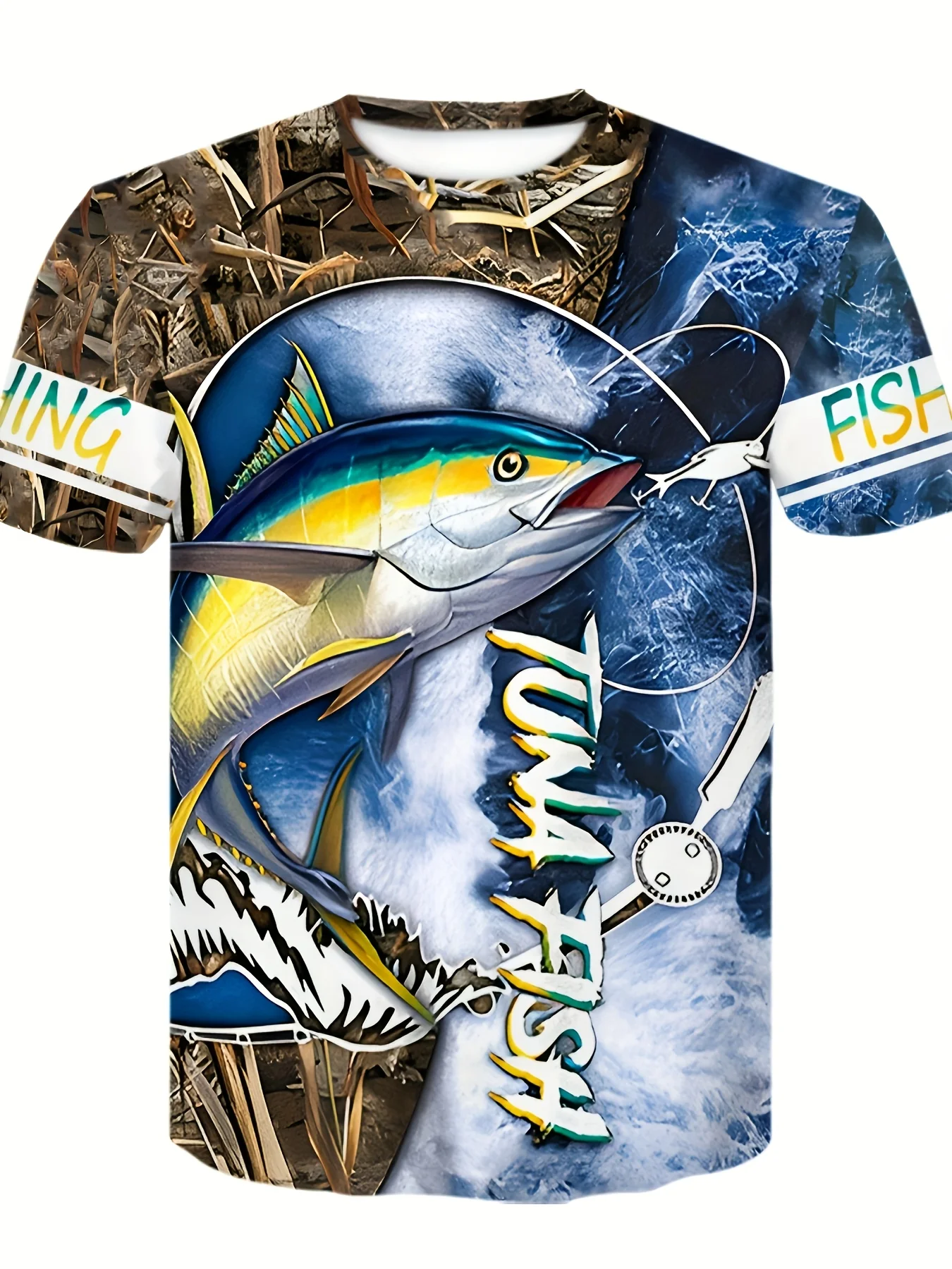 أكمام قصيرة لصيد الأسماك باللون الأسود للرجال، رسومات River Fish & Raptor، رقبة دائرية سريعة الجفاف وجيدة التهوية، ملابس كاجوال صيفية للاستخدام الخارجي