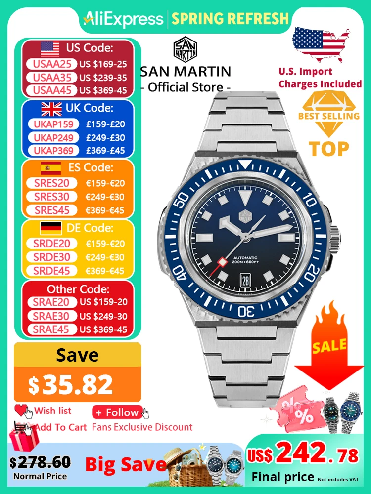

San Martin 41mm Men Diving Watch Integrated Case NH35 Automatic Mechanical Watch Original Design 200m Waterproof Sapphire SN0146