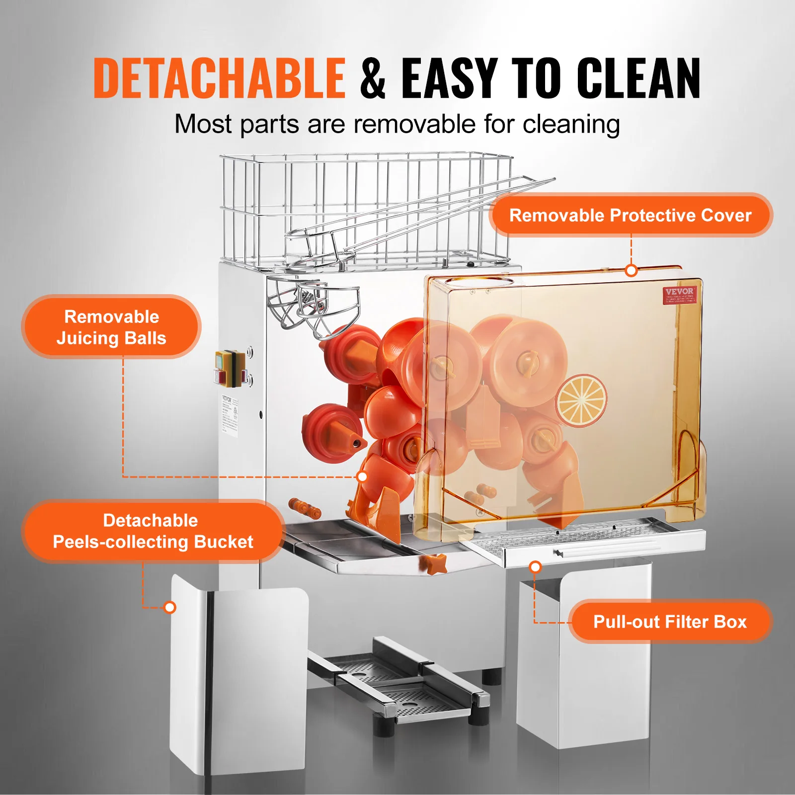 VEVOR Commercial Orange Juicer Machine Automatic Juice Extractor Stainless Steel Orange Squeezer with Pull-Out Filter Box 