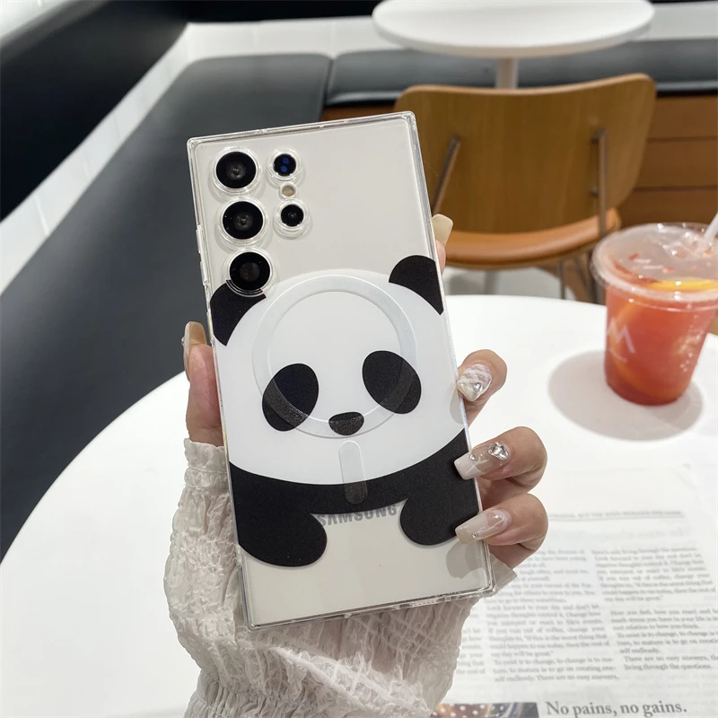 Korean Cute Magnetic Stand Grip Tok Cartoon Panda Magsafe Phone Case For Samsung S21 S22 S23 Plus S24 Ultra Note10 20 Back Cover