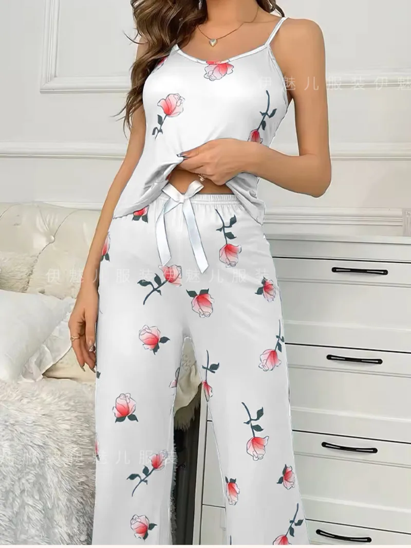 New Floral Print Sexy Casual Suspender Pants Home Suit Set Cute Outfits For Women Cute Floral Pattern Comfortable Women's  AMZA