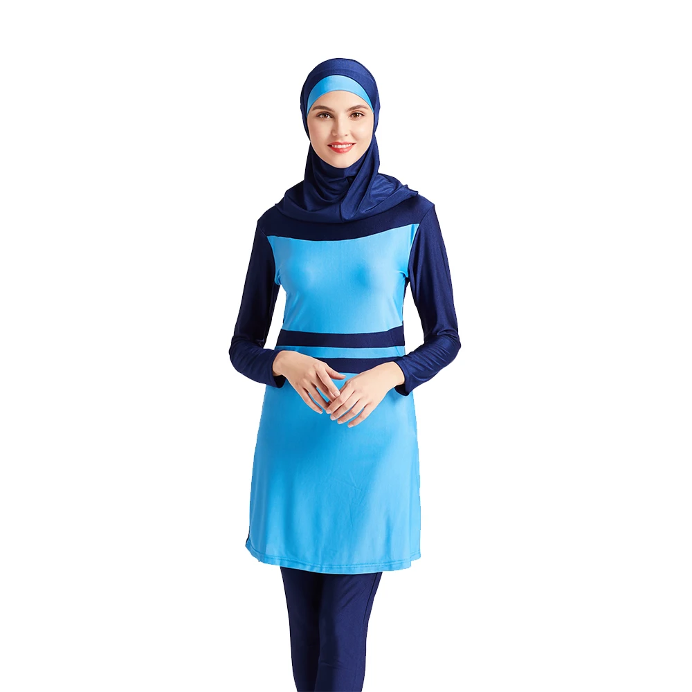 Muslim Women's Long Sleeve Burkini Swimsuit, Beach Wear, Light Blue Patchwork, Diving Suit, Swimwear, New, S-6XL, 3Pcs