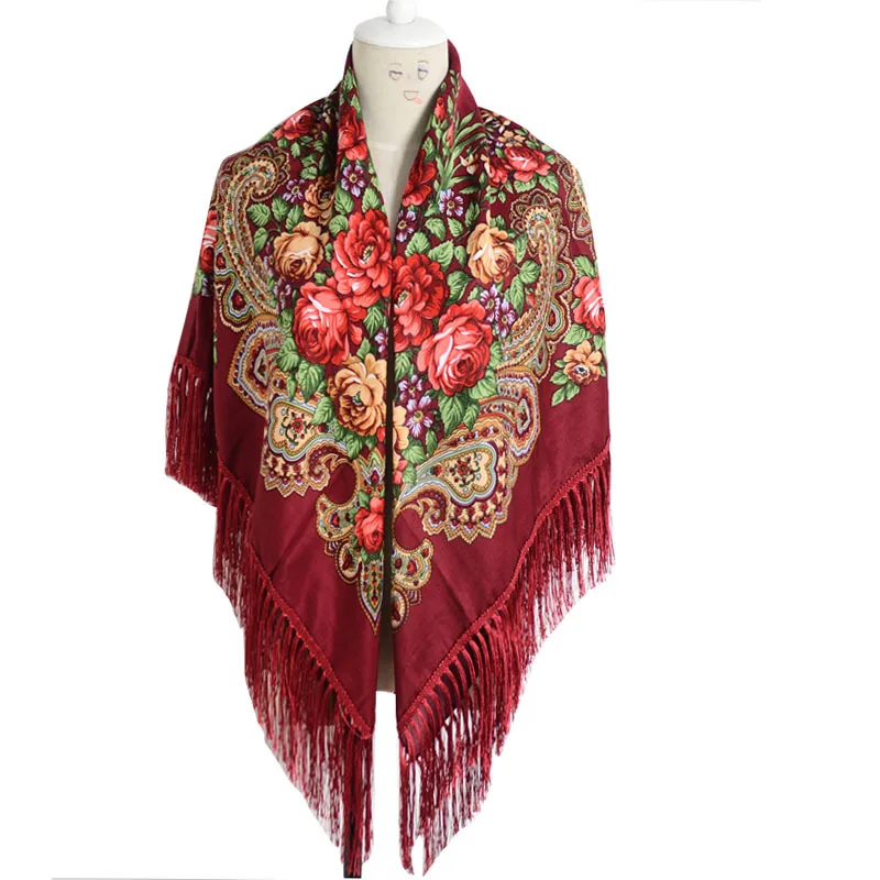 

Russian Cloak Large Flower Printed Generous Scarf Women's Shawl Warm Autumn Winter multi-function Scarf Ponchos Capes Wine Red