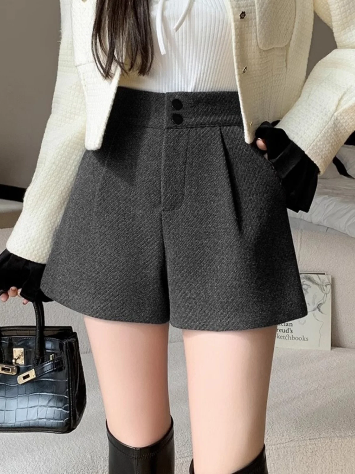 Deep Grey Woolen High Waist A-Line Wide Leg Pants Women's Autumn Winter Short Pants Outwear Casual Trousers Korean Style