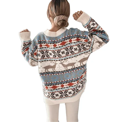 2024 New Autumn  Winter Sweater Round Neck Loose Five-color Christmas Theme Jacquard Long-sleeved Women\'s Sweater