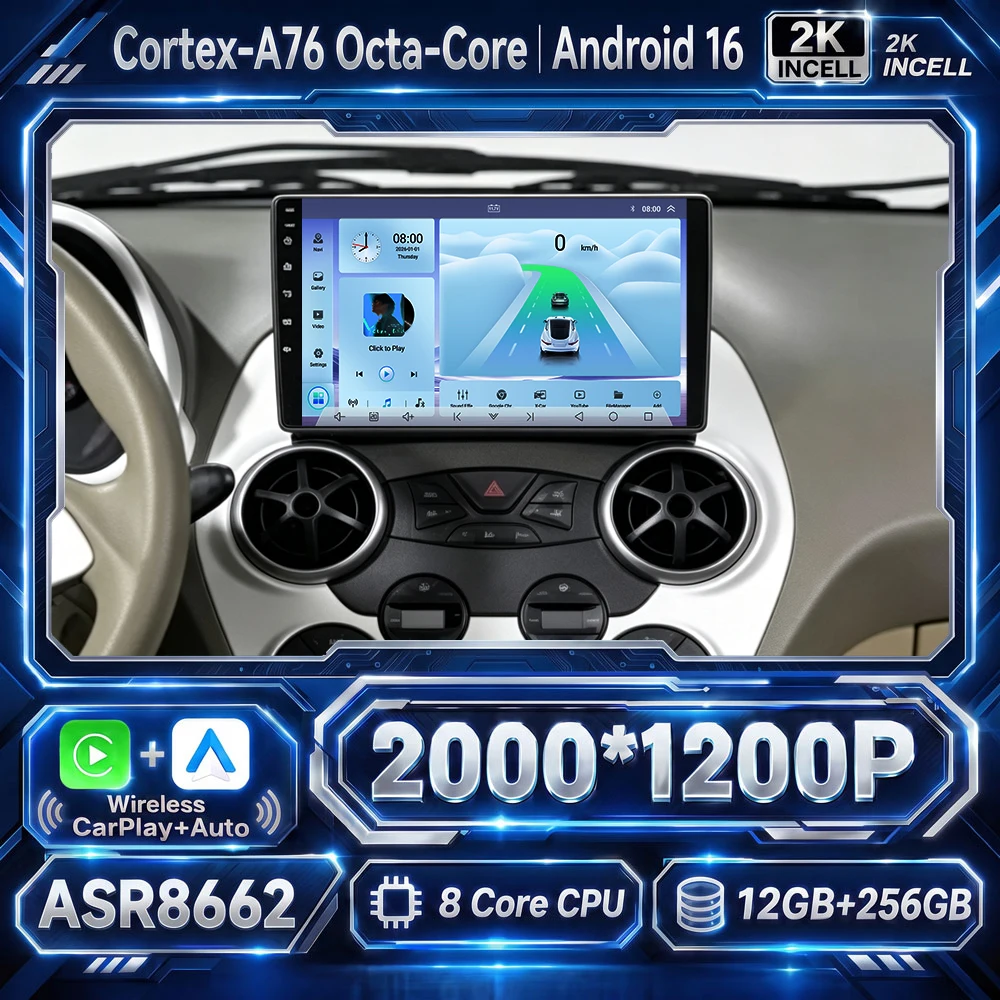 Cortex-A76 Octa-Core Android 16 Car For Ford KA 2008-2012 Car GPS Multimedia DSP 2din Stereo QLED Screen WiFi Auto Radio 8 Core