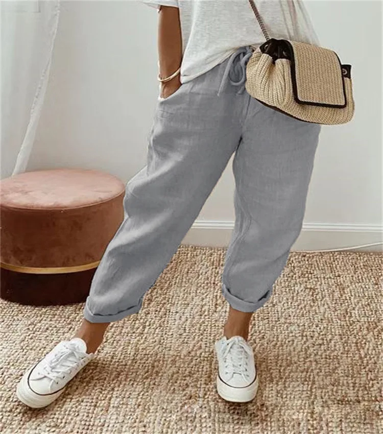 AliExpress\'s new fashionable cotton and linen elastic waist cropped casual pants for women