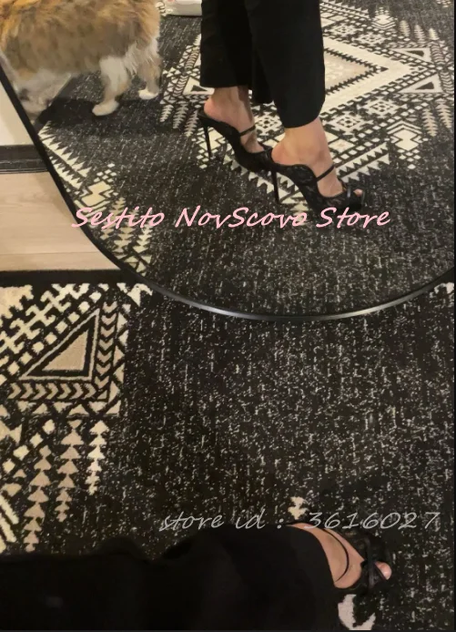 Open Toe Black Lace Mules Slip On Shallow Two Straps Decor Stiletto Sandal Summer Classic Elegant Women Dress High Heels Slipper