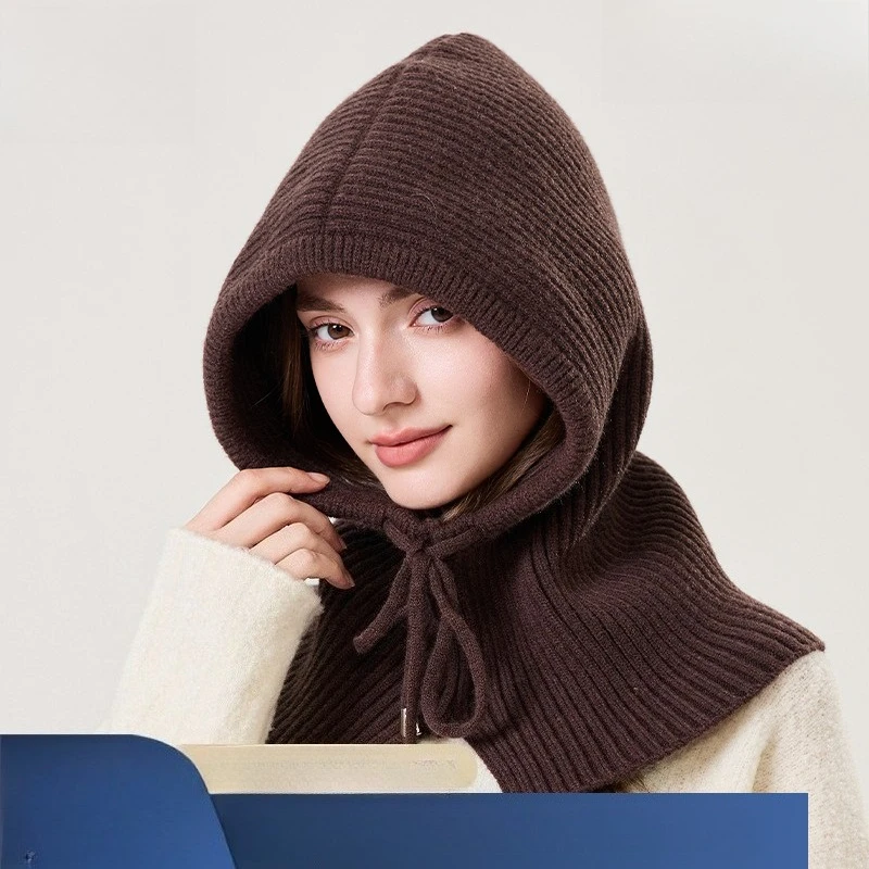 Winter New Drawstring Knitted Integrated Hat Women's Winter Acrylic Blend Windproof Ear Protection Face Scarf Pullover Wool Cap