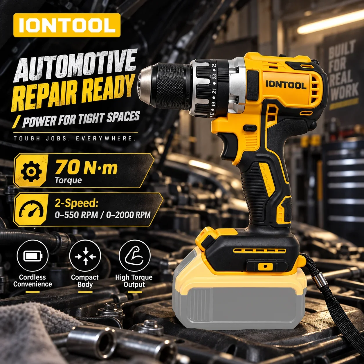 IONTOOL Handheld Yellow Cordless Drill 0-550rpm For Home Deck Screw Driving and Fence Building and Cabinet Fixing and Woodwork
