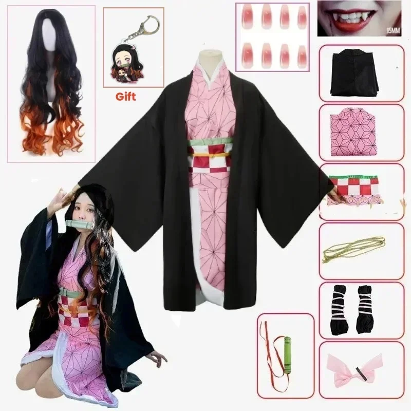 2025me Demon Slayer, avec Perruque Kamado Nezuko, Uniforme Kimono, Vêtements de Sauna en Bambou, Ensemble de Dents et