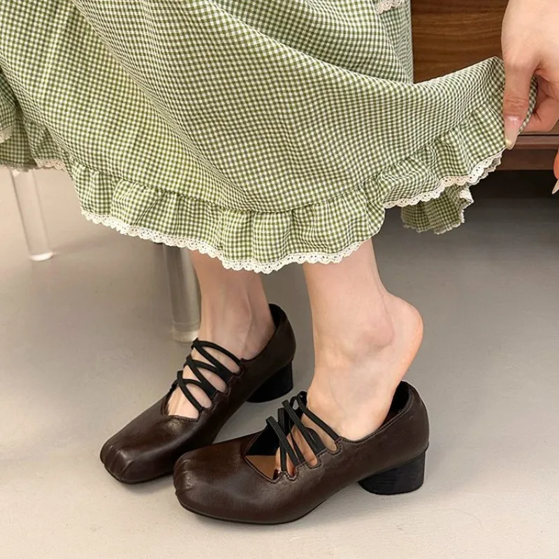 Women Pumps Horsehide Simple Shoes On Thick Heel French Style Square Toe Simple Shoes Cross Tied Lady Spring Autum Retro Pumps