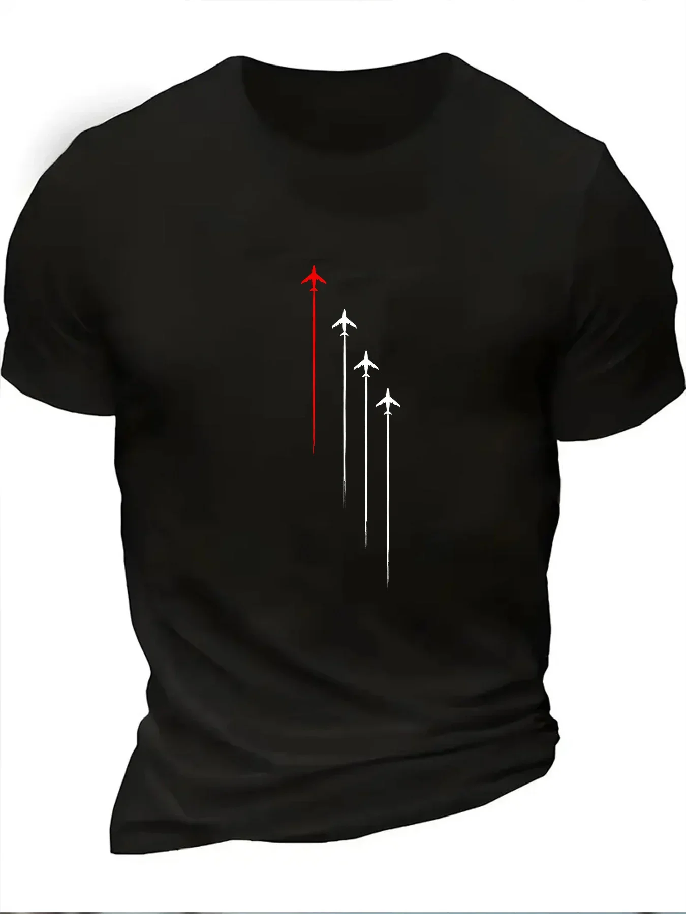 تي شيرت رجالي صيفي 100 قطن كاجوال فضفاض مقاس كبير بنمط طائرة هندسية مطبوع برقبة دائرية وأكمام قصيرة