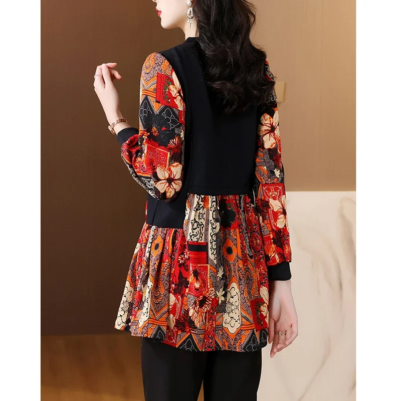 

Women Fashion Print Patchwork Blouse Vintage Elegant Long Sleeve Shirts Casual Slim Tunic Tops 2024 Spring Autumn Blusas B576