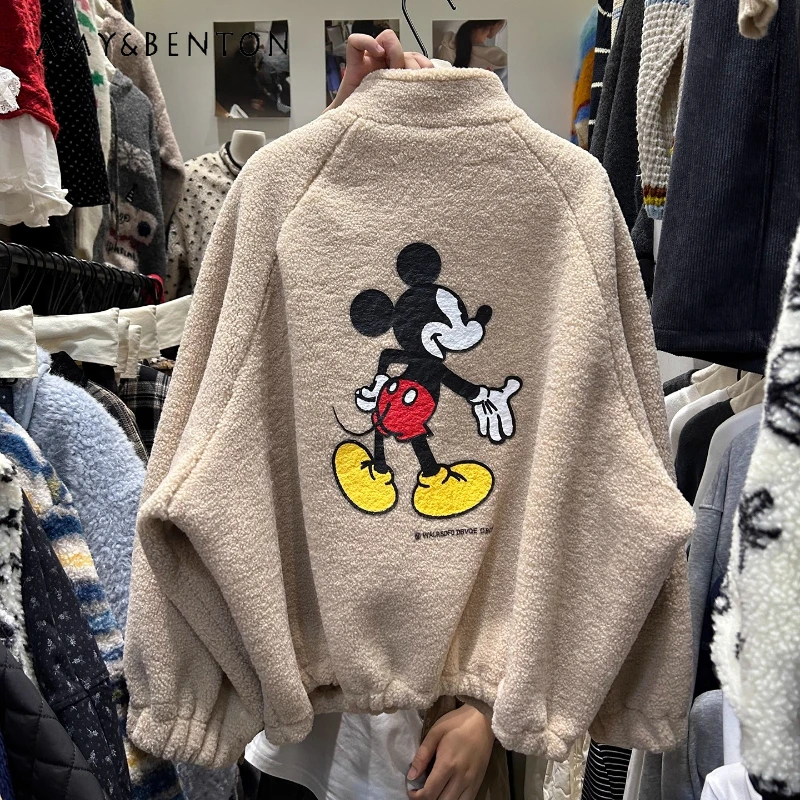 

Cartoon Print Thickened Fleece Cotton Jacket For Women's Winter Stand Collar Mid-Length Drawstring Loose Age-Reducing Overcoat