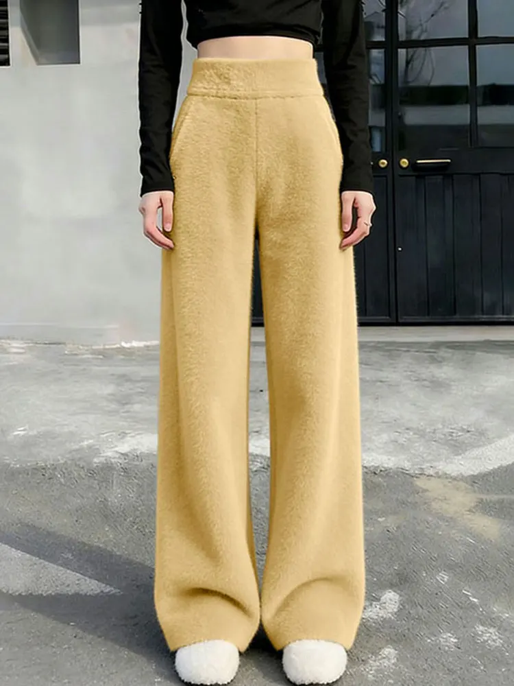 

2026 New Thiened Warm Casual High Waist Slimming Wide Leg Pants Women's Drapey Versatile Long Pants American Sle Rabbit V...
