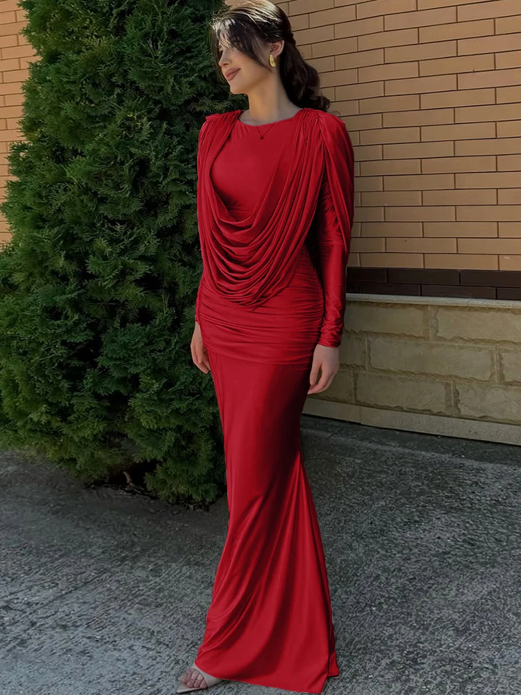 فستان أنيق للأرداف الخوخية غريبًا للنساء مكشكش بأكمام كاملة نحيل قابل للتمدد كاجوال بسيط لحفلات أعياد الميلاد فساتين ضيقة أساسية