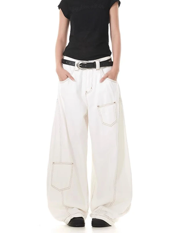 

Джинсы в американском ретро-стиле, белые, свободные, повседневные, с высокой талией, широкими штанинами, длинные, для мужчин и женщин, молодежные, модные, джинсовые.