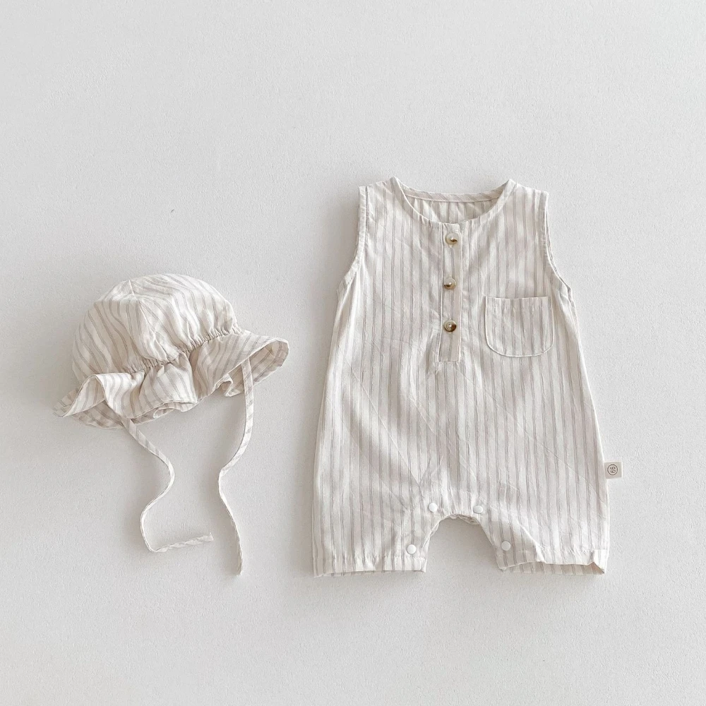 INS Summer Baby Romper 0-2Years Newborn Boy Girl Sleeveless Striped Jumpsuit Hat 2PCS Outfits Casual Korea Style Clothes