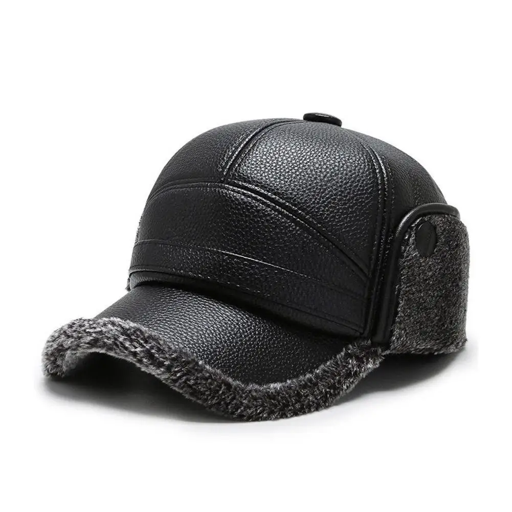 Winter Baseball Cap Men PU Leather Bomber Caps Middle Elderly Dad Hat With Earflaps Thicker Warm Windproof Hat Keep Warm