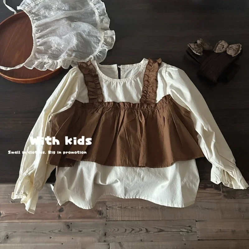 

Boutique Korea Children Shirts Baby Girls Blouse Cute Selvedge Splice Fake 2 Pieces Shirt Kawaii French Lolita Blouse100% Cotton