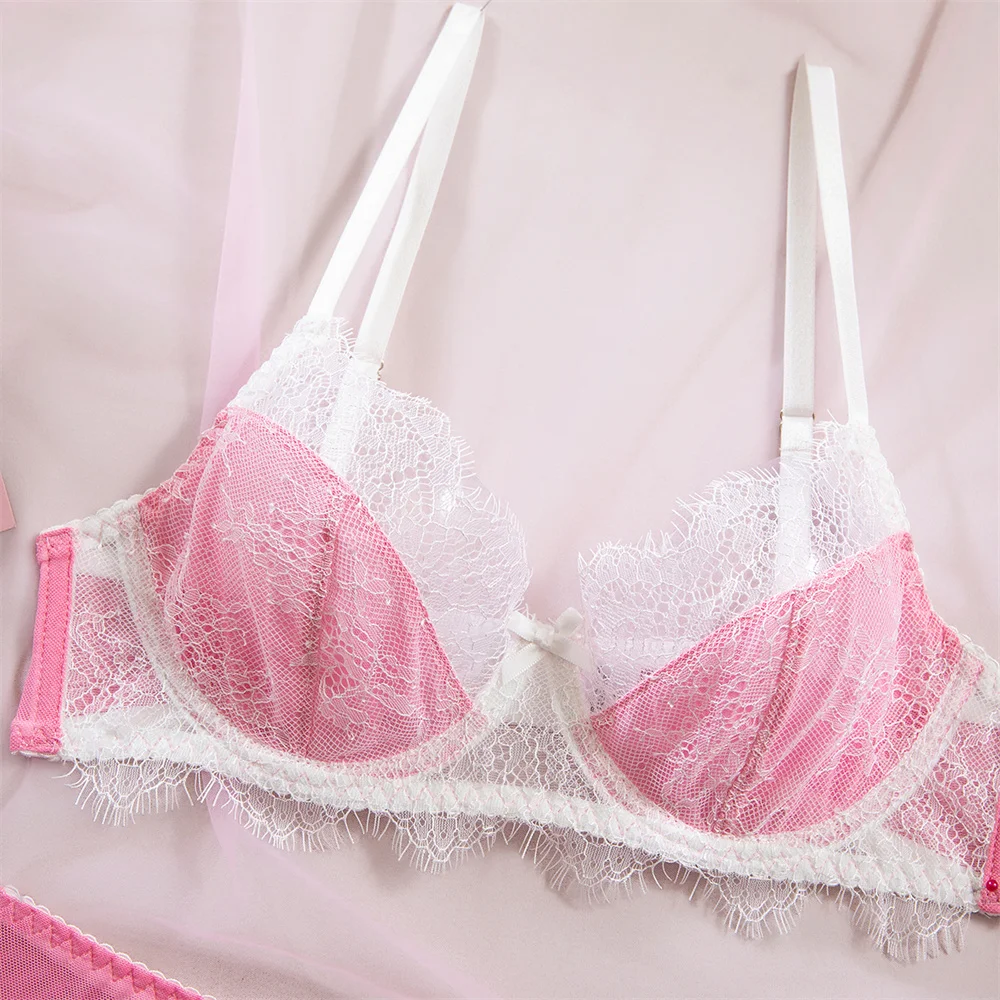 Conjunto de lencería de encaje dulce Krasapt, 4 piezas, sujetadores push-up sexys y bragas, conjuntos de liguero, conjunto delicado estilo hada