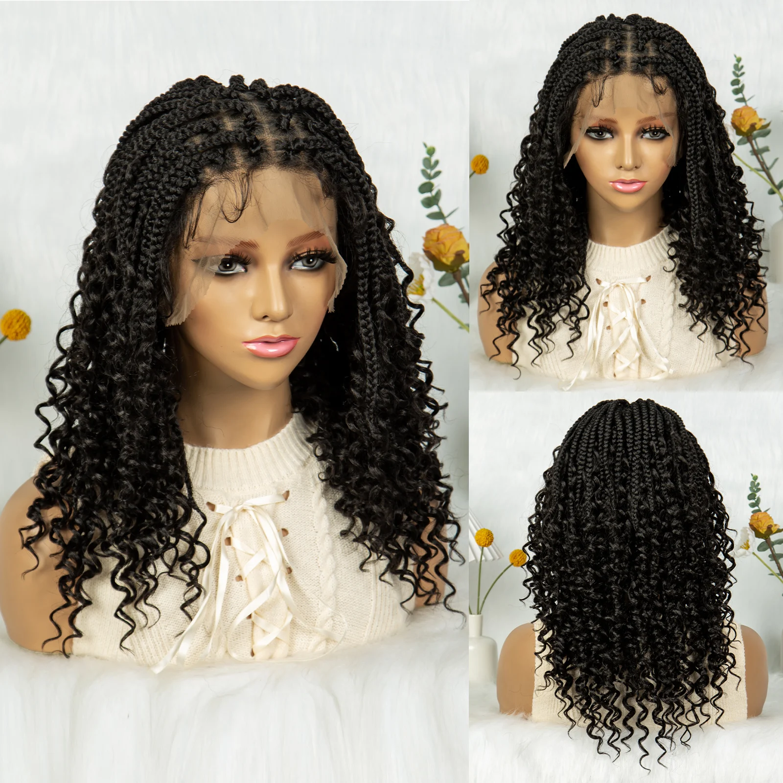 Kima Wig kepang Cornrow pendek Wig renda penuh rambut keriting sintetis dengan rambut bayi UNTUK WANITA HITAM