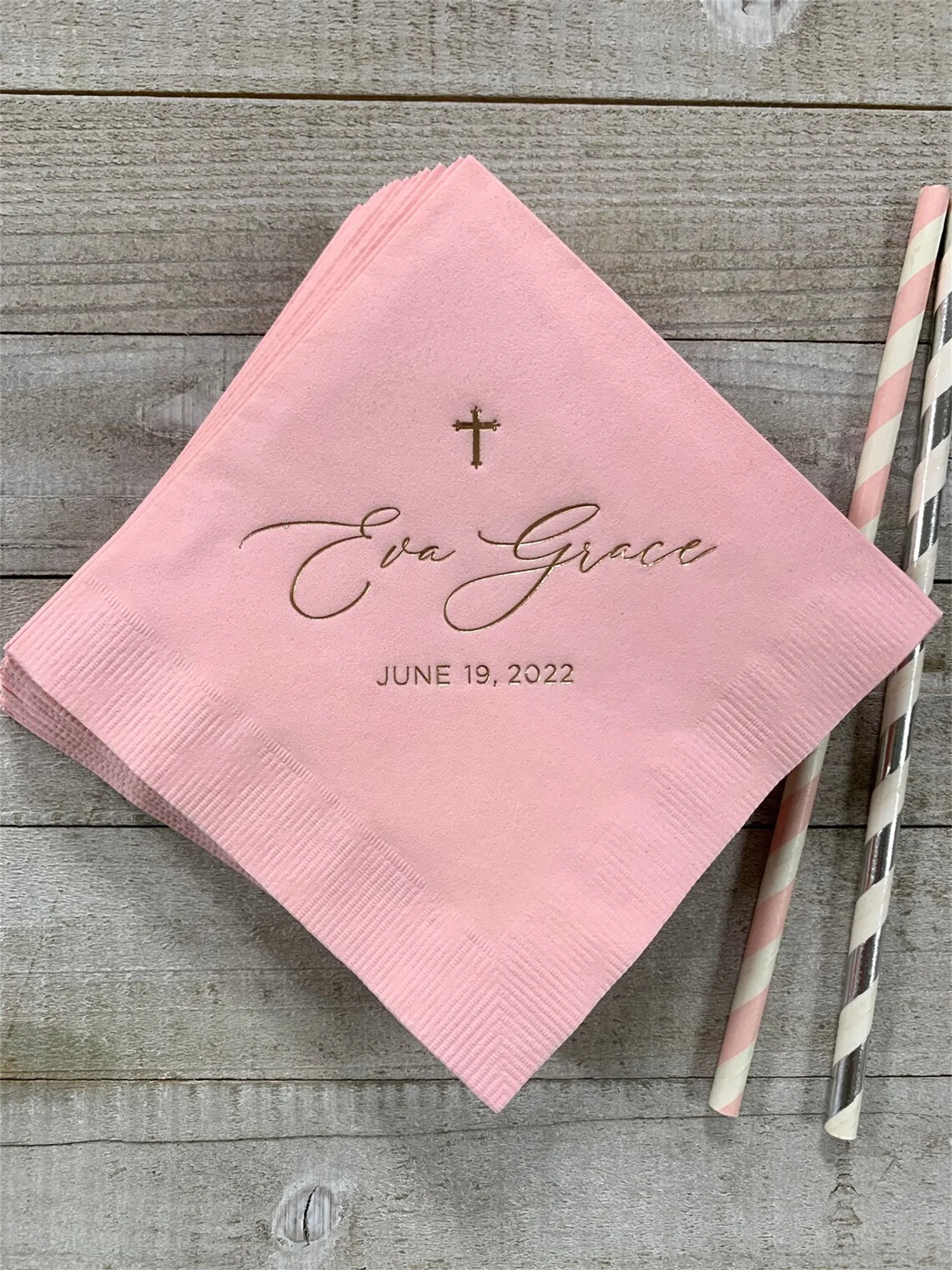 50pcs Personalized Baptism Monogram Napkins Baby Communion Christening Beverage Cross Religious Cocktail Luncheon Guest Towel Di