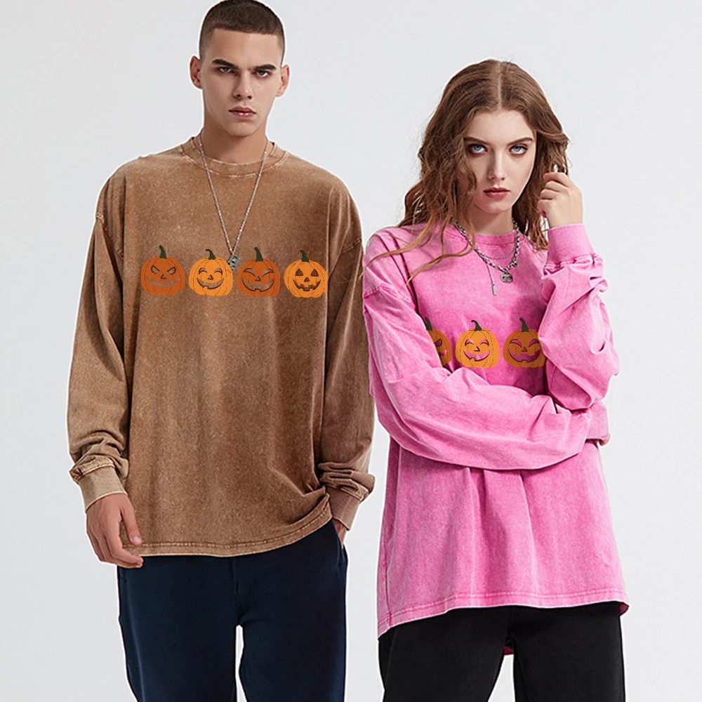 Unisex Casual Wash Printed Long Sleeve T-Shirt O-Neck Halloween Graphic Printed Top Couple Loose Holiday Style Top High Quality