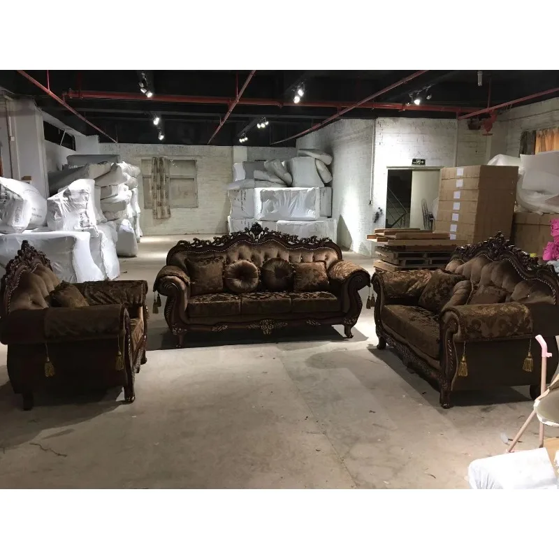 European Style Solid Wood Carved Fabric Living Room Sofa American Fabric Sofa 123 Combined Luxury Furniture