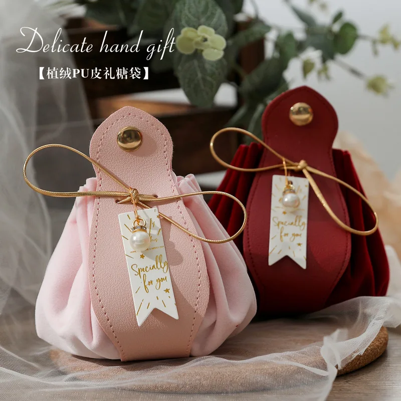 20 Pcs/Lot European Style Creative Velvet Stitching Pu Leather Organ Bag Wedding Candy Box Small Gift Bag With Pearls 