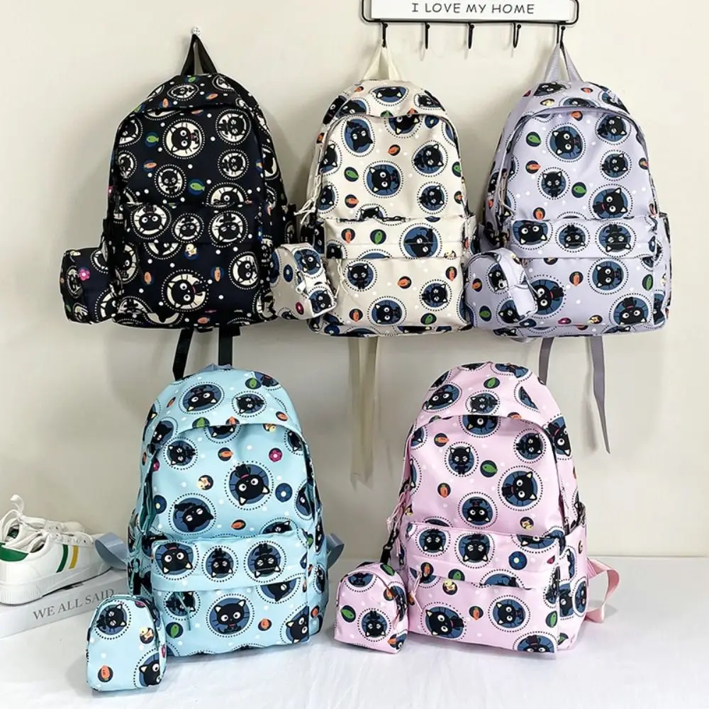 

Cartoon Nylon Backpack Black Cat Large Capacity Schoolbag Lightweight Alleviate Burden Rucksack Student Gift