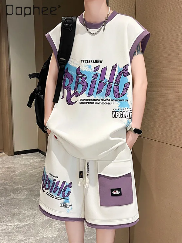 2025 Summer New Men's Loose Casual Letter Print Short Sleeve Round Neck White Black T-Shirt Shorts Sports Two-Piece Set