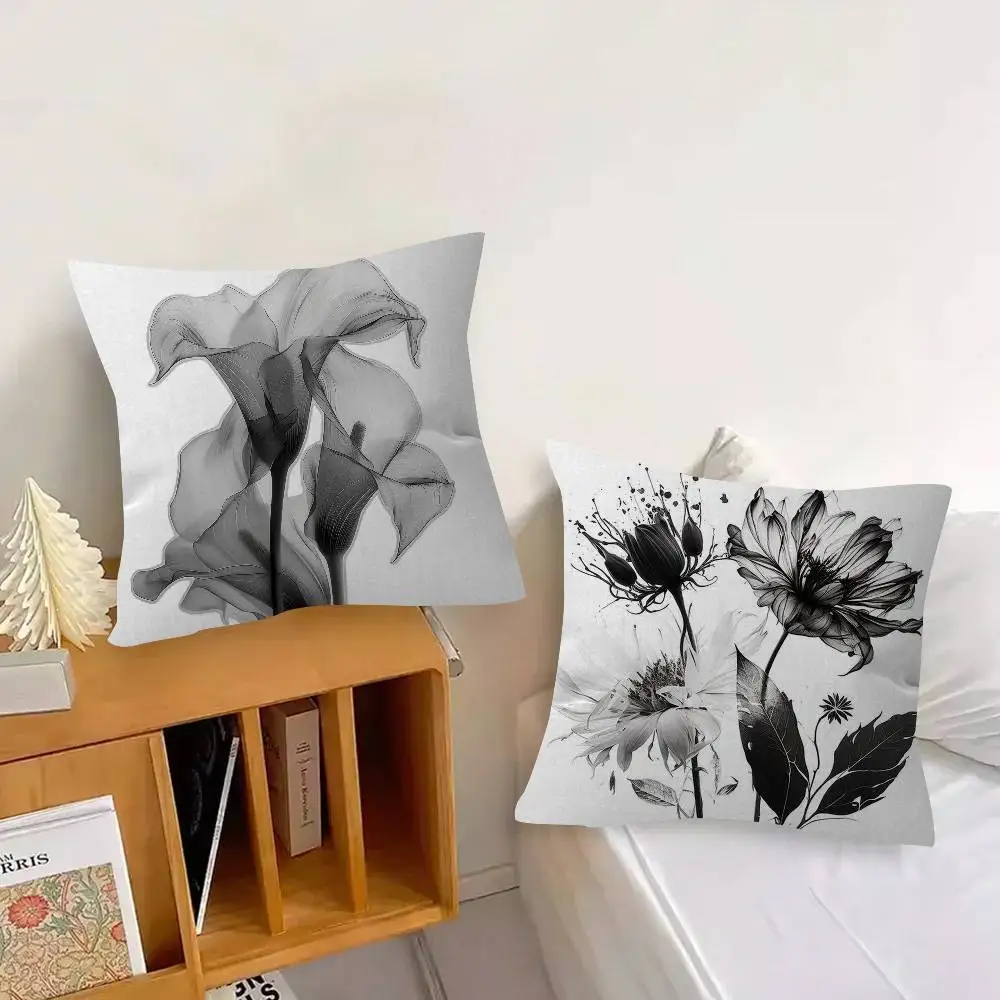 Black White Flower  Pillow Covers Cartoon Sofa Decorative Home Double-sided Printing Short Plush Cute Cushion Cover