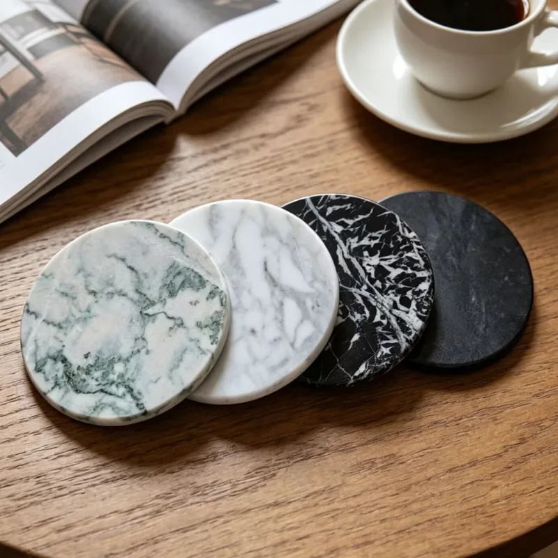 Double-Sided Polished Marble Coasters, Round Thin Heat-Resistant Cup Mat for Coffee Tea, Non-Slip Table Protector, Home Decor