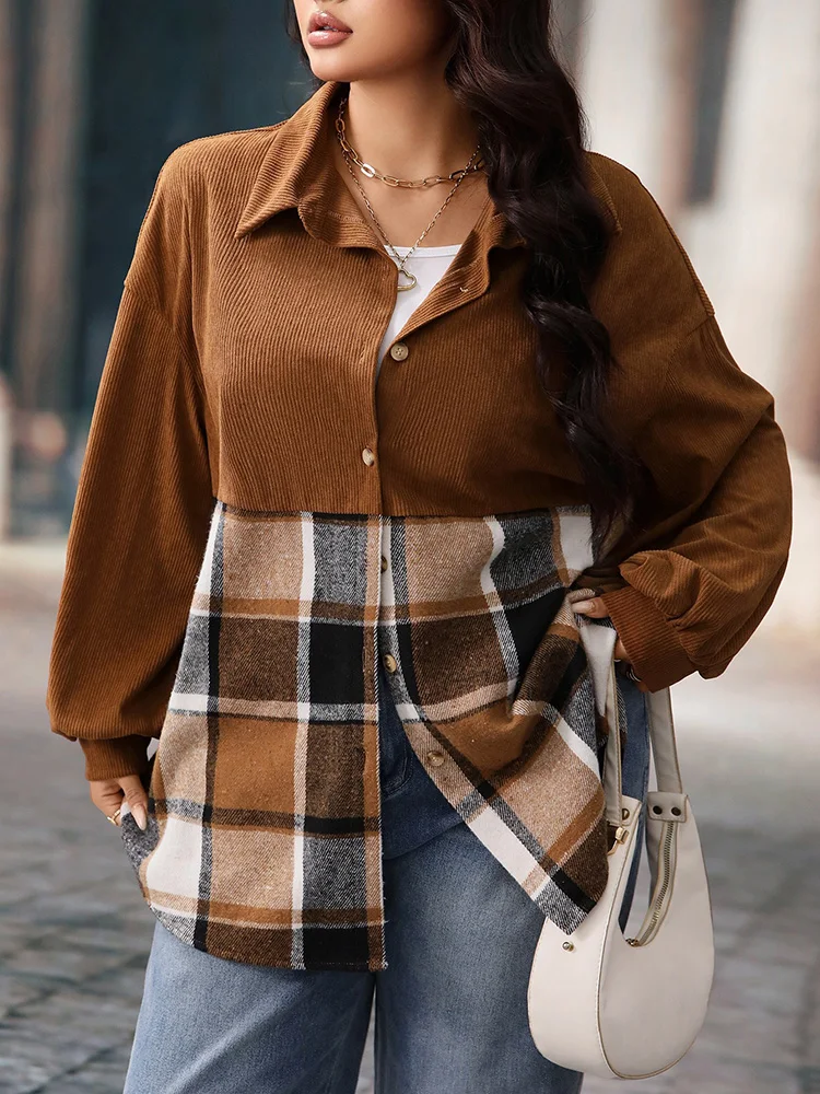 Gibsie plus size xadrez único breasted camisa de veludo jaqueta feminina 2025 outono manga longa solta casual senhoras outerwear topos