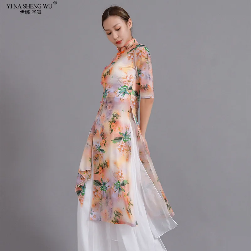 Chinese Folk Dance Gauze Clothes Improve Qipao for Women Classical Dance Practice Suit Half Sleeve Printed Dance Performance Top