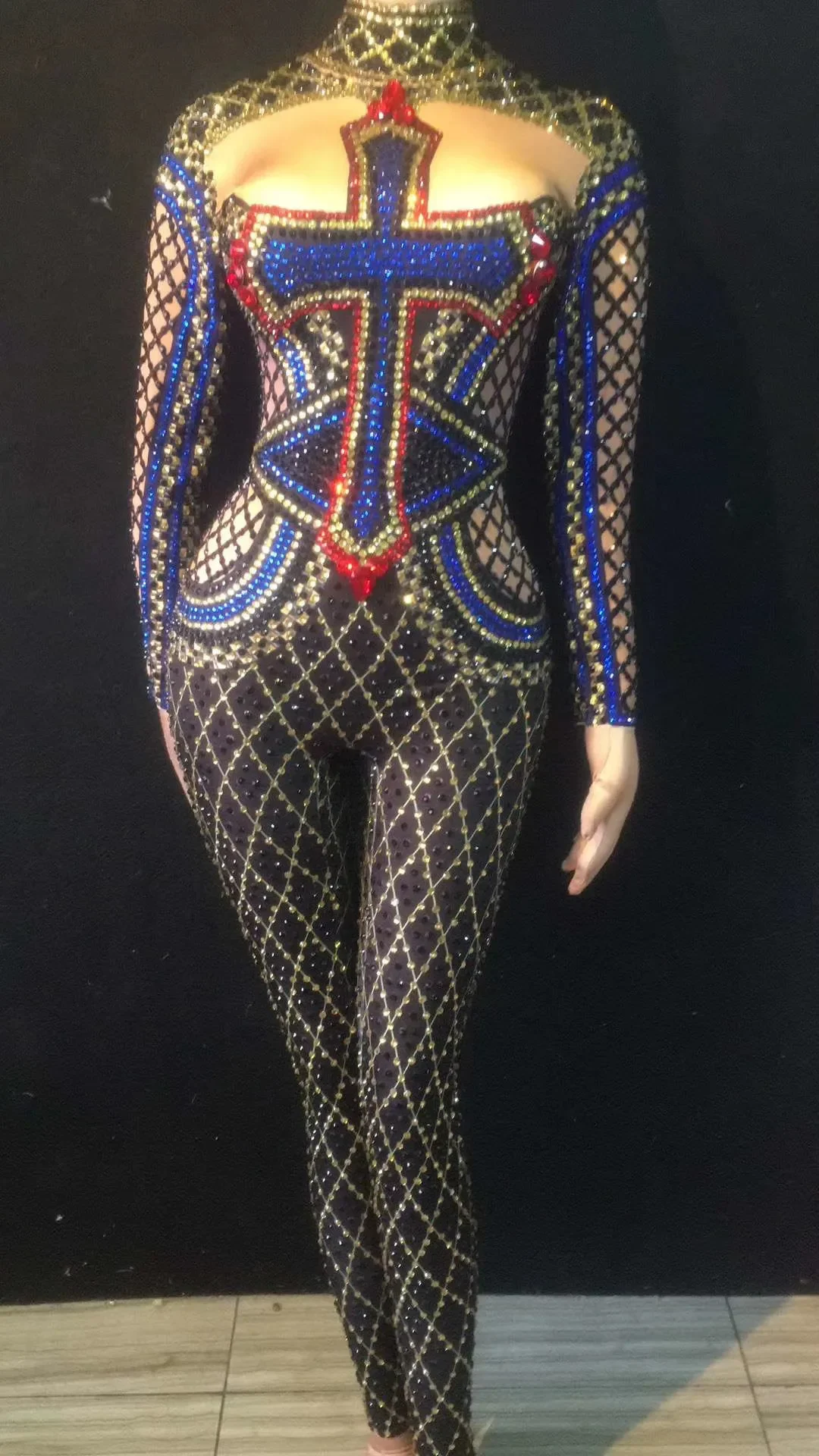 Сверкающие красочные кристаллы и стразы, женский комбинезон с длинным рукавом, эластичный костюм певицы для выступлений на сцене, джазовый танцевальный костюм